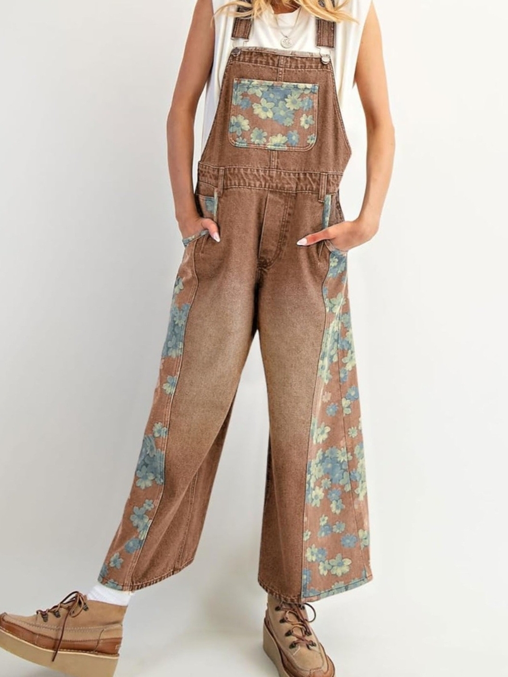Brown Floral-Trim Denim Wide Leg Overalls for Women. Size Medium - Picture 2 of 7